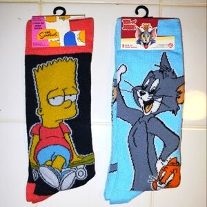 2 Pair Novelty Socks Bart Simpson and Tom & Jerry Mens Shoe Size 6-12 NWT